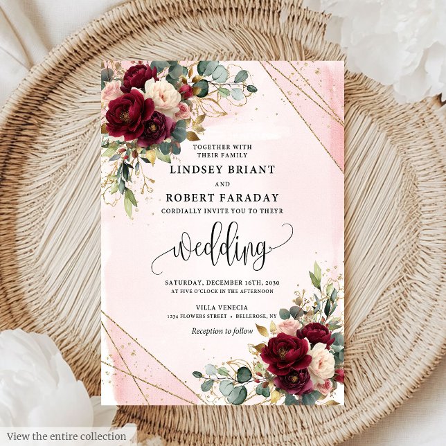 Timlös Maron Guld  Ro Romantic Bröllop Inbjudningar (Timeless Maroon Gold Blush Roses Romantic Wedding Invitation)