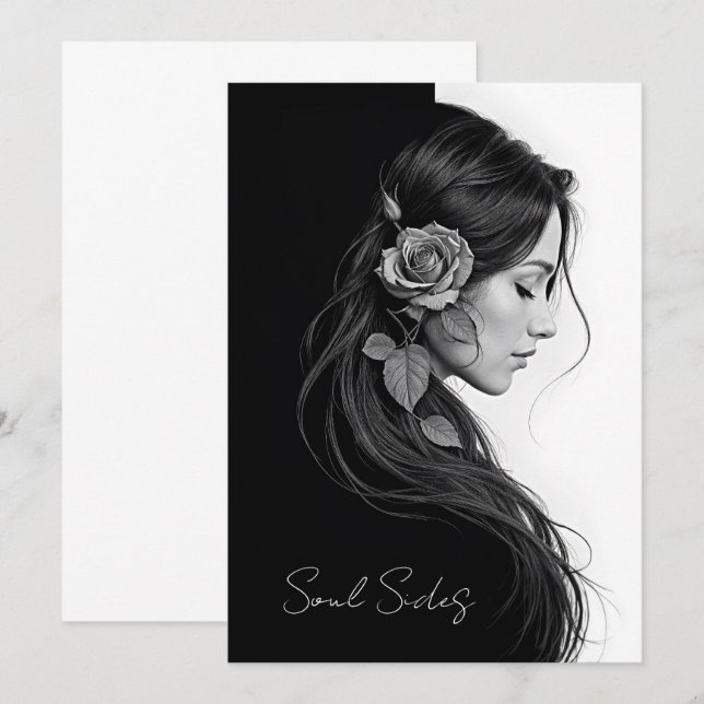 Timlös svart vit dramatisk hårdesign för blommigt inbjudningar (Fram/baksida)