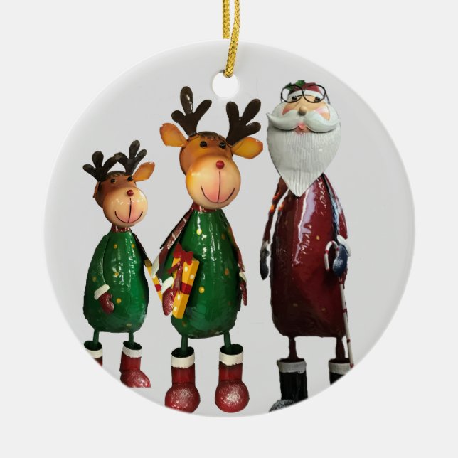 Tin Santa and Cute Tin Reindeers with Gifts Julgransprydnad Keramik (Framsidan)