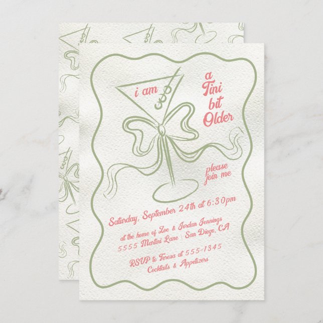 Tini bit äldre Martini Bow Funky Birthday Inbjudningar (Fram/baksida)