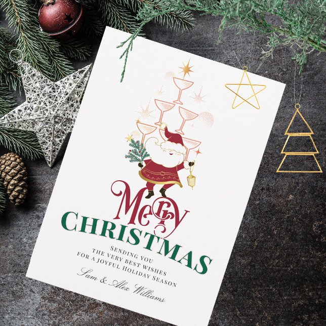 Tini Bit Merry Martini Office jultomten Julkort (Tini Bit Merry Martini Office Christmas Santa Festive Champagne Tower No Photo Holiday Card)