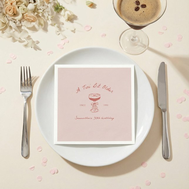 Tini Bit Older Espresso Martini Scribble Birthday Pappersservett (a tini bit older pink and red paper napkin with hand-drawn espresso martini)