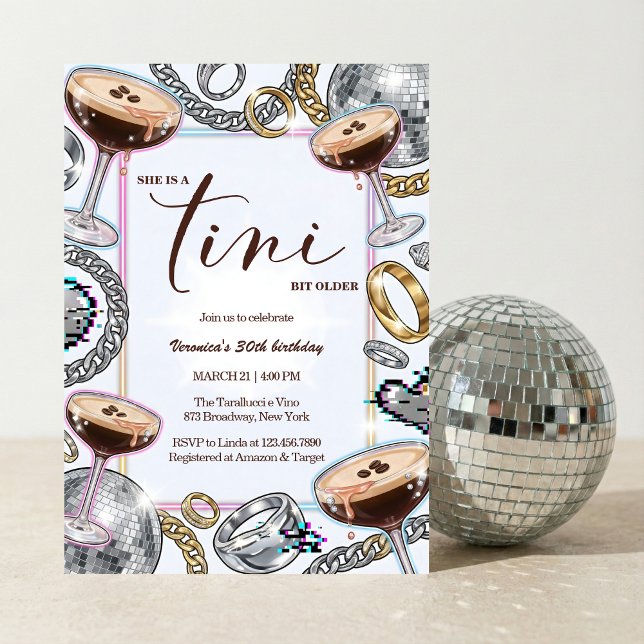 Tini lite äldre Espresso Martini Glam Födelsedag Inbjudningar (A Tini Bit Older Espresso Martini Disco Glam Neon Party - birthday party invitation)