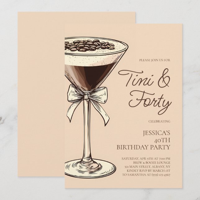 Tini och Forty Script Martini 40-årsfest Inbjudningar (Fram/baksida)