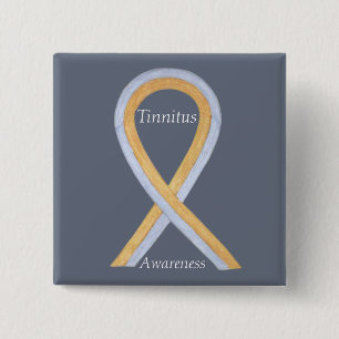 Tinnitus Guld/Silver Awareness Ribbon Anpassningsb Knapp