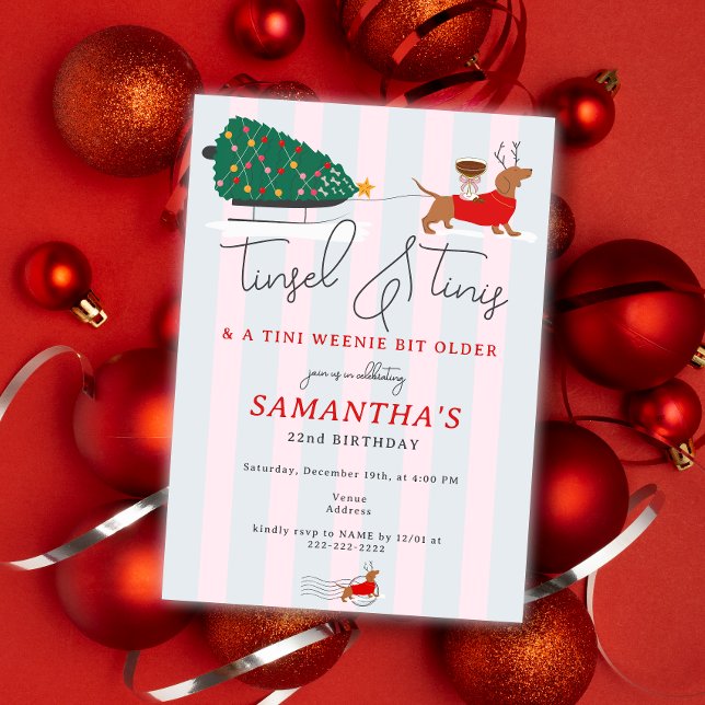 Tinsel & Tinis Tini Weenie Bit Jul Födelsedag Inbjudningar (Tinsel & Tinis Tini Bit Weenie Older Espresso Martini Cocktail Christmas Birthday Invitation )