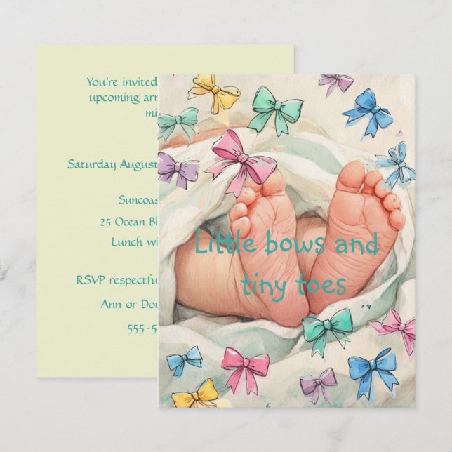 Tiny Bows and Toes Digital nedladdningsbar inbjuda Inbjudningar (Fram/baksida)