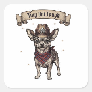 Tiny But Tough Chihuahua Cowboy - Västerländsk Hun Fyrkantigt Klistermärke