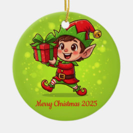 Tiny Christmas Elf with Gift Personalized 2025  Julgransprydnad Keramik