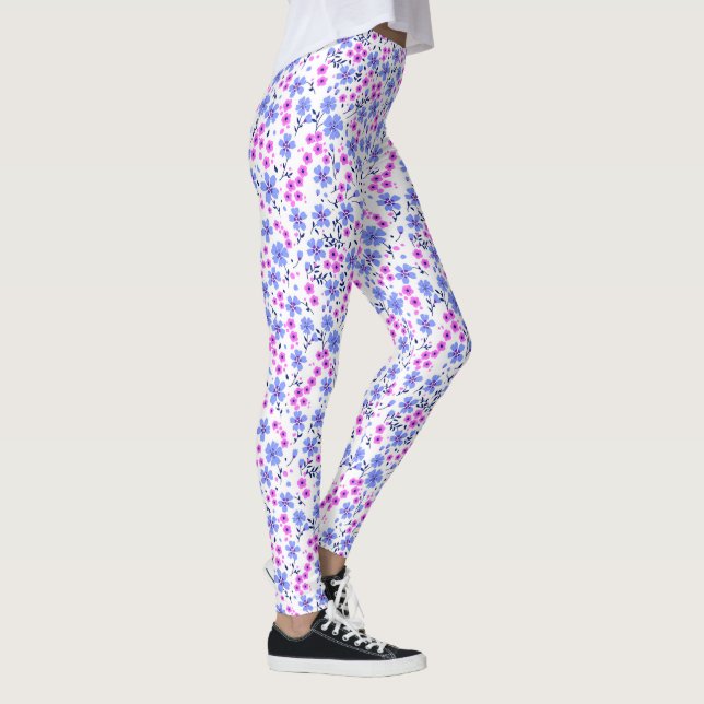Tiny cute white blue pink floral pattern leggings (Höger)