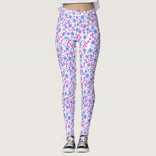 Tiny cute white blue pink floral pattern leggings (Framsida)