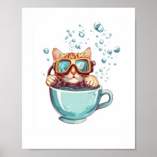 Tiny Diver Cat - Funny Scuba Kattunge Tea Älskare Poster