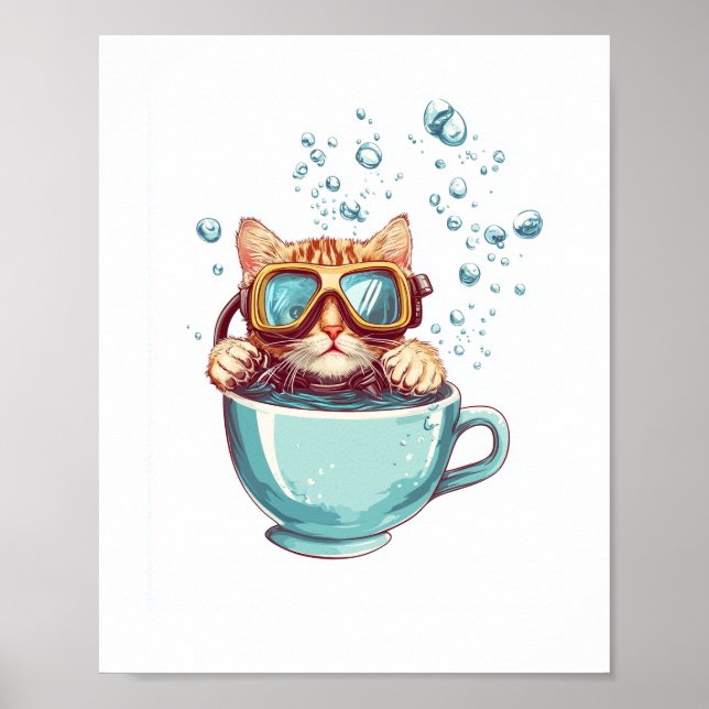Tiny Diver Cat - Funny Scuba Kattunge Tea Älskare Poster (Framsidan)