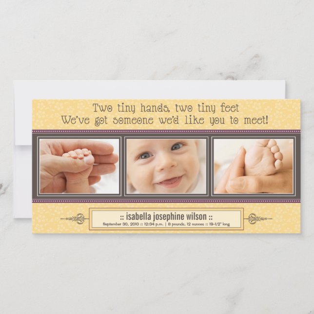 Tiny Händer, Tiny Feet Birth Notice (gulten) Meddelande (Framsida)
