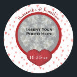Tiny Hearts Wedding Photo Personalized  Runt Klistermärke<br><div class="desc">Lots of pretty tiny hearts photo template save the date, wedding announcement, favor personalized sticker. Fill in your information in the template. Click on Change and upload your photo. Make more changes to text and font size, style, and color, and adjust your picture by clicking on Customize. This image is...</div>