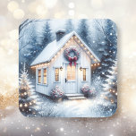 Tiny Home in a Magic Winter Forest Fyrkantigt Klistermärke<br><div class="desc">Julklistermärken. Söt,  vita,  lilla hem som dekorerats i jul-ljus,  en krans och omgiven av en magisk skog som förtrollade vintern under underlandet.</div>
