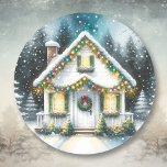 Tiny Home-jul Runt Klistermärke<br><div class="desc">Julklistermärken. Det lilla vita,  lilla,  lilla hemmet i vinterskogen.</div>