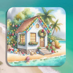 Tiny Home on Beach Festive-julen Fyrkantigt Klistermärke<br><div class="desc">Julklistermärken eller kuvertförseglingar. Ett litet,  vitt,  fint,  litet hus på en strand med söt fritid Juldekorationer som wreaths,  trädgårdsmark och ljus vid jul på handflatan träd.</div>