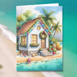 Tiny Home on Beach Festive-julen Helgkort<br><div class="desc">Personligens julkort. Ett litet,  vitt,  fint,  litet hus på en strand med söt fritid Juldekorationer som wreaths,  trädgårdsmark och ljus vid jul på handflatan träd. På kortets insida kan du lägga till ett eget meddelande om helgdag av anpassningsbar.</div>