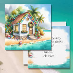 Tiny Home on Beach Festive-julen Julkort<br><div class="desc">Personligens julkort. Ett litet,  vitt,  fint,  litet hus på en strand med söt fritid Juldekorationer som wreaths,  trädgårdsmark och ljus vid jul på handflatan träd. På baksidan av kortet kan du lägga till ett eget meddelande om helgdag av anpassningsbar.</div>