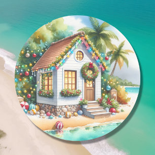 Tiny Home on Beach Festive-julen Runt Klistermärke