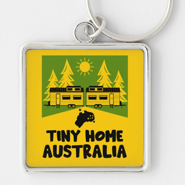Tiny House Home Australien Fyrkantig Silverfärgad Nyckelring (Framsidan)