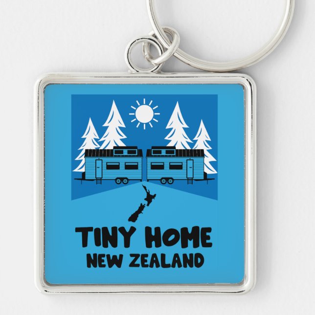Tiny House Home Nya Zeeland Fyrkantig Silverfärgad Nyckelring (Framsidan)