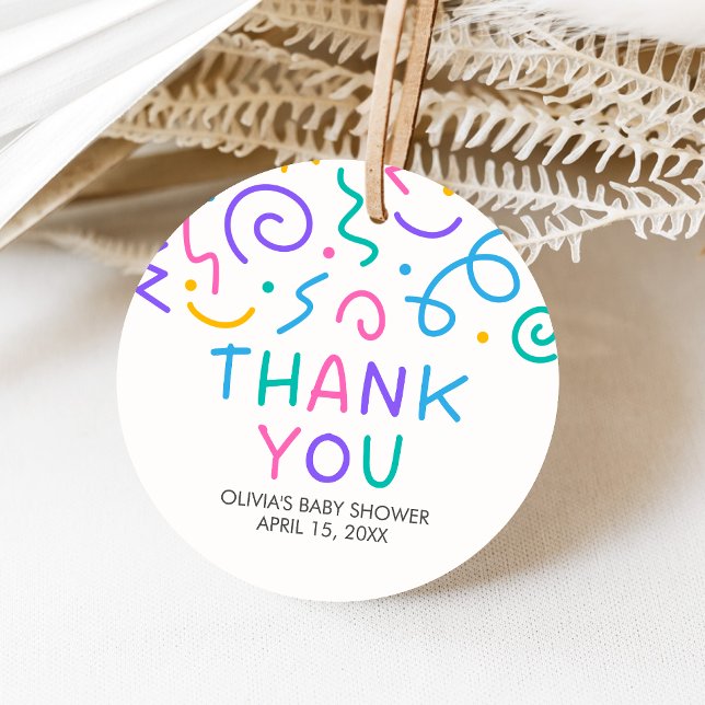 Tiny Human Shindig Baby Shower Round Gåvor Etiketter (Retro Tiny Human Shindig Baby Shower Favor Tags)