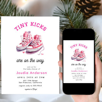 Tiny Kicks Sneakers Sports Pink Baby Shower  Inbjudningar