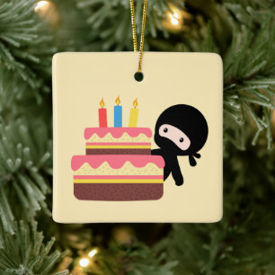 Tiny Ninja Behind Birthday Cake on Gult Julgransprydnad Keramik