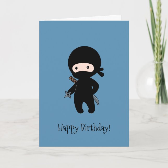 Tiny Ninja Holding Throwing Star Blue Birthday Kort (Framsida)