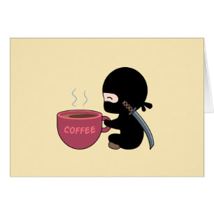 Tiny Ninja med Large Coffee Mugg på Gult Blank Hälsningskort