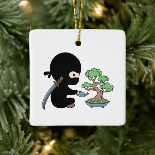 Tiny Ninja Watering Bonsai Träd Julgransprydnad Keramik