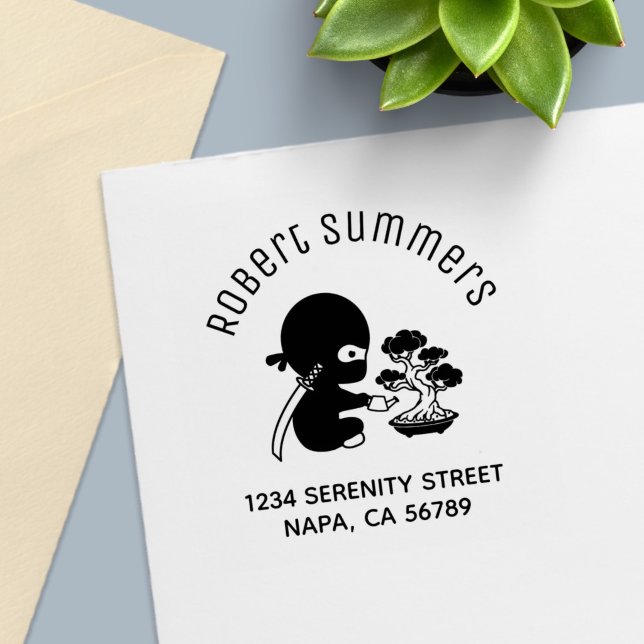 Tiny Ninja Watering Bonsai Tree Arch Address Självfärgande Stämpel (Skapare uppladdad)