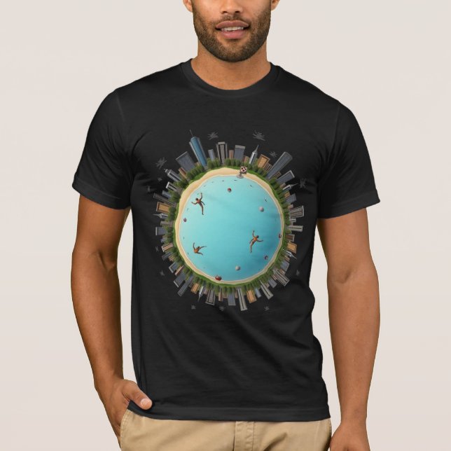 Tiny Planet City Beach - Surreal Urban Globe Art T Shirt (Framsida)