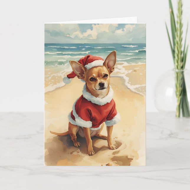 Tiny Santa, Big Cheer - Chihuahua Beach-julen Kort (Framsida)