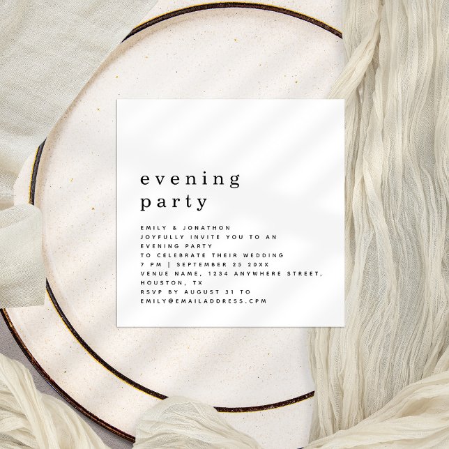 TINY Simple Text Bröllop Evening Party Inbjudan (Charming tiny size 2.5" square minimalist design black and white )