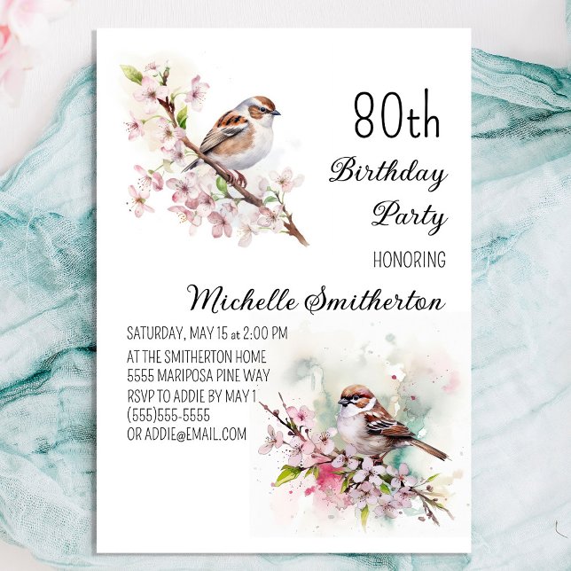Tiny Sparrow Cherry Blommar Vår 80:e födelsedagen Inbjudningar (Pretty sparrow 80th birthday party invitation for women)