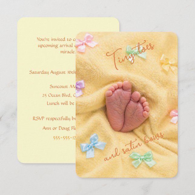 Tiny Toes Satin Bows Baby Shower Inbjudan (Fram/baksida)