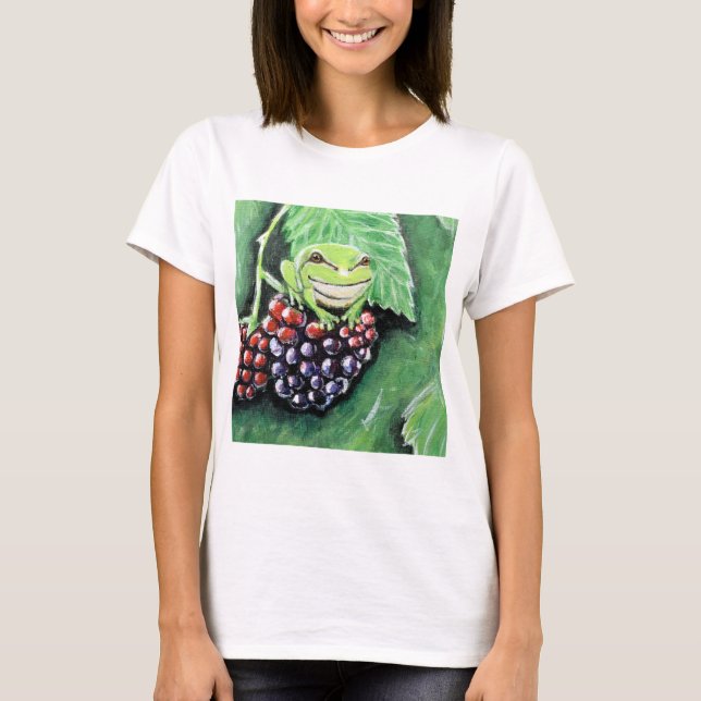 Tiny Träd Frog on a Blackberry Painting T Shirt (Framsida)