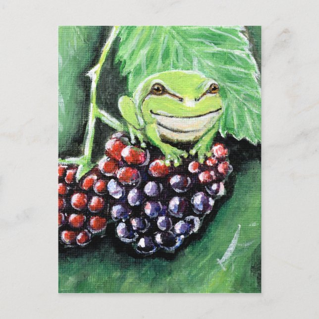 Tiny Träd Frog on a Blackberry Painting Vykort (Framsida)