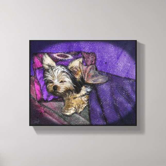 Tiny Yorkie Sleeping Angel Halo Memorial Art Canva Canvastryck (Framsida)