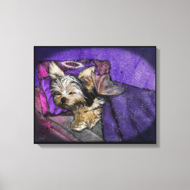 Tiny Yorkie Sleeping Angel Halo Memorial Art Canvastryck (Framsida)