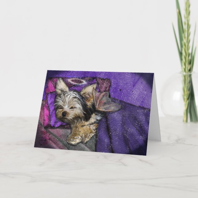 Tiny Yorkie Sleeping Angel Halo Memorial Art Kort (Framsida)
