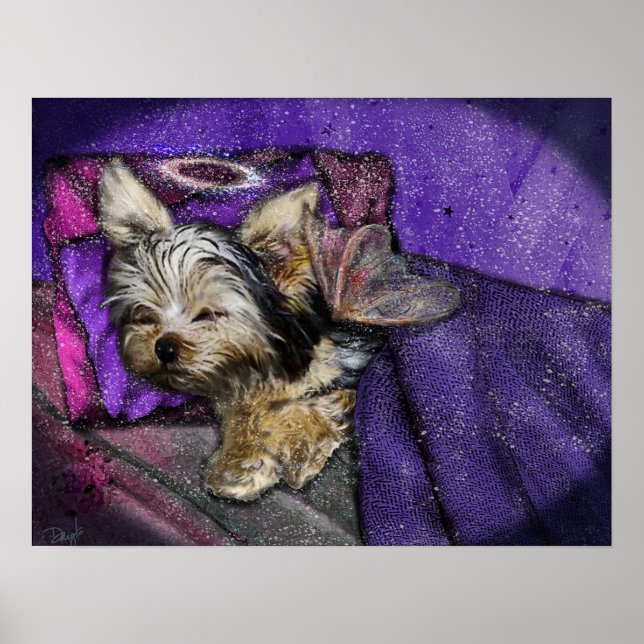 Tiny Yorkie Sleeping Angel Vingar & Halo Poster (Framsidan)