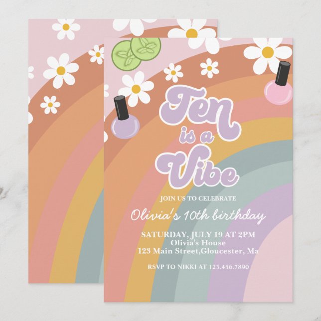 Tio är en vibe Spa Rainbow 10:e födelsedagen Inbjudningar (Fram/baksida)