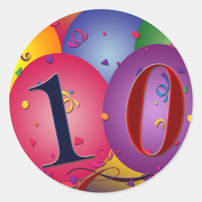 Tio år gamla födelsedagsballonger! runt klistermärke (Framsida)