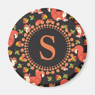Tioarmad ekorre och Löv Mönster Monogram Magnet