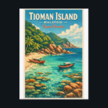 Tioman Island, Malaysia, in a vibrant tropical Vykort<br><div class="desc">Travel poster featuring Tioman Island, Malaysia, in a vibrant tropical vintage style. Crystal-clear turquoise sea, white sandy beach, lush green jungle-covered hills, and dramatic rocky coastline. Include traditional wooden boats near the shore and coral reefs visible beneath shallow water. Tropical color palette: turquoise blue, emerald green, sandy beige, soft coral....</div>