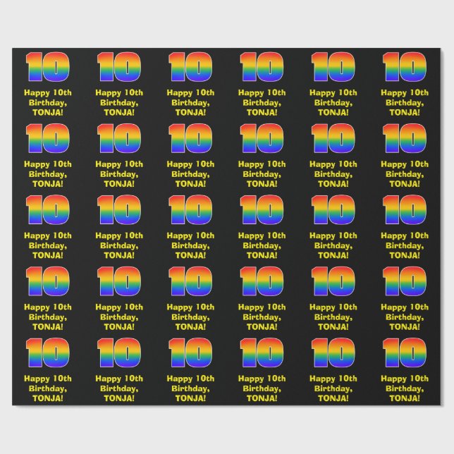Tionde födelsedagen: Roligt, färgstark regnbåge in Presentpapper (Platt)